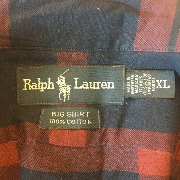 Ralph Lauren Big Shirt Button Down Mens XL Burgundy Navy Tartan Plaid Navy Pony - Picture 7 of 7